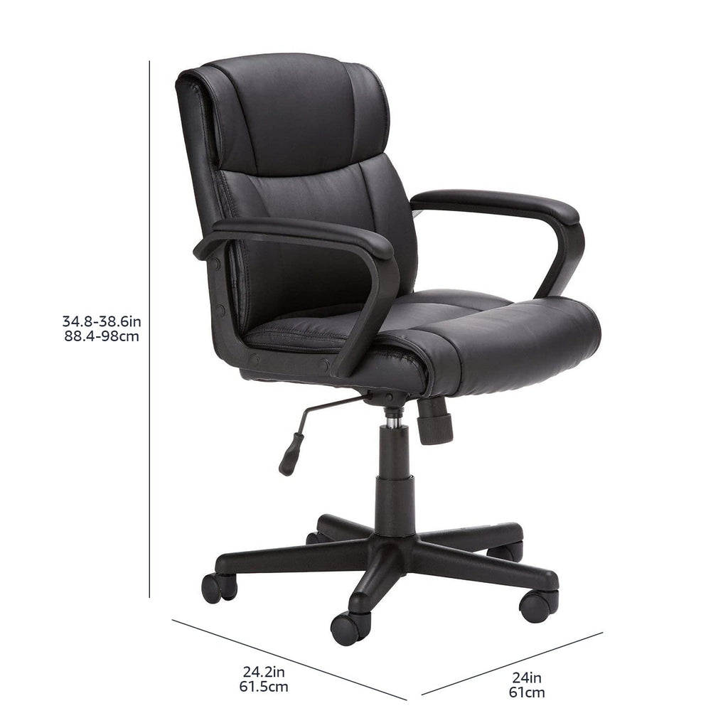 Amazon Basics Office Task Chair with Adjustable Height, 360° Swivel, Padded Armrests, Mid-Back, Rolling, 275 Pound Capacity, 24.2"D x 24"W x 34.8"H, Black Faux Leather