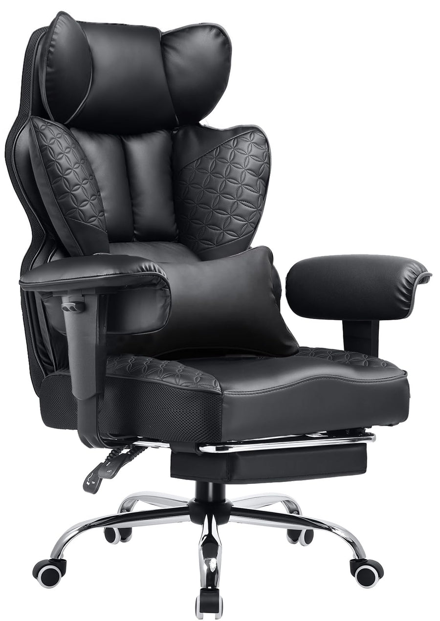 COMHOMA Big and Tall Office Chair Heavy Duty Wide Ergonomic Gaming Chair with Deluxe Embossing Designed Leather with Foot Rest, 145°Reclining Adjustable Armrests Pocket Spring Back Support and Pillow