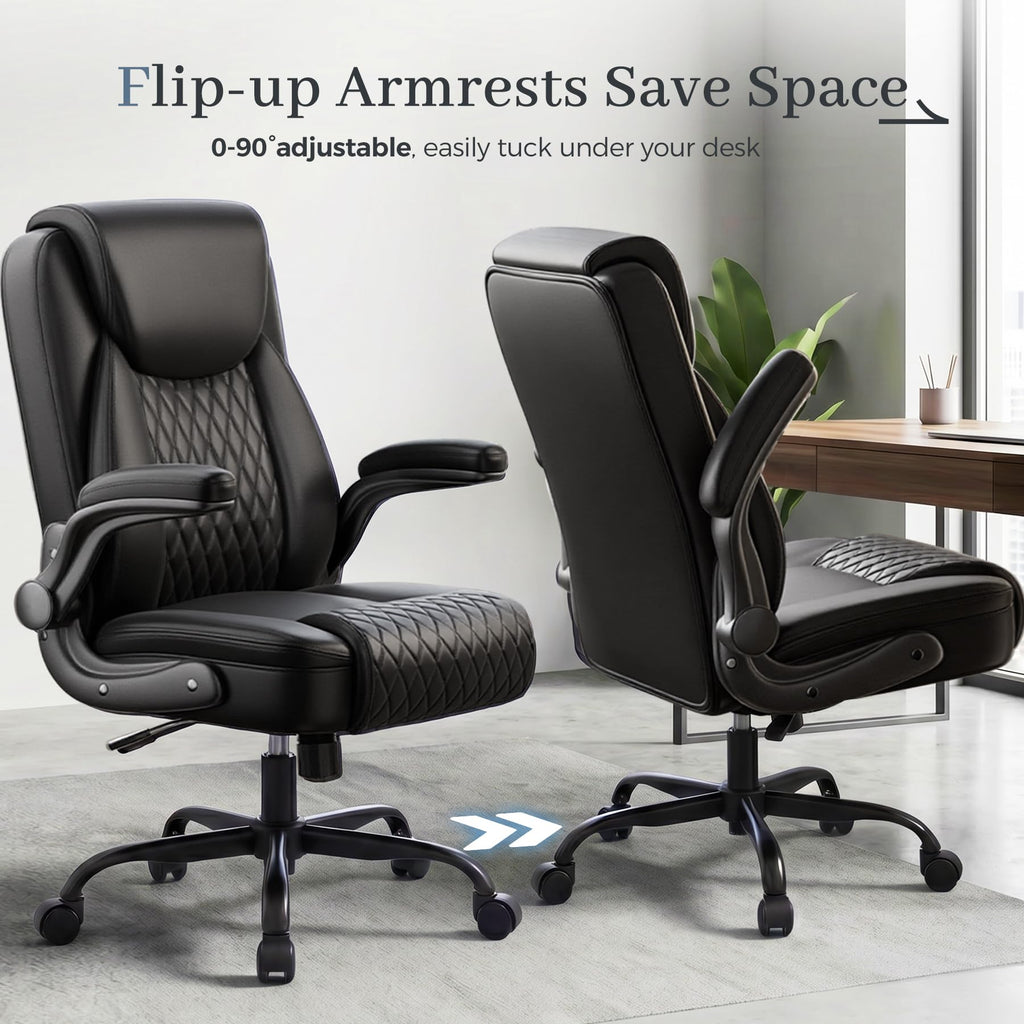 GTPOFFICE Executive Office Chair with Comfortable Lumbar Support, Ergonomic Gaming Chair with Flip-up Armrests & Zoned Pressure-Relief Cushion, Comfy PU Leather Desk Chair, Black