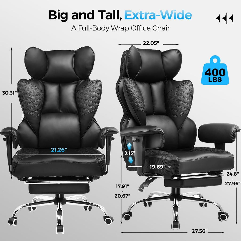 COMHOMA Big and Tall Office Chair Heavy Duty Wide Ergonomic Gaming Chair with Deluxe Embossing Designed Leather with Foot Rest, 145°Reclining Adjustable Armrests Pocket Spring Back Support and Pillow