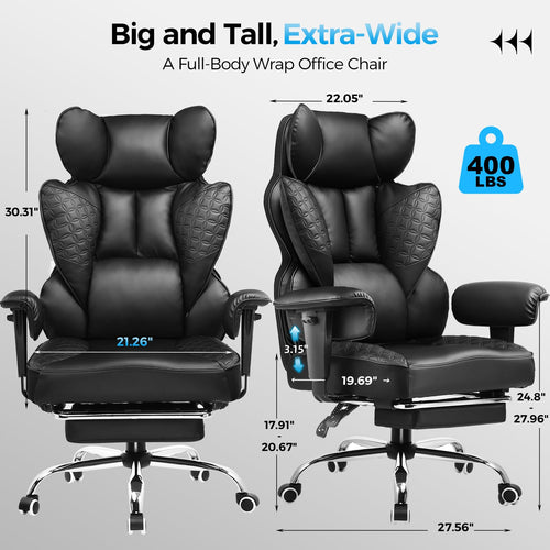 COMHOMA Big and Tall Office Chair Heavy Duty Wide Ergonomic Gaming Chair with Deluxe Embossing Designed Leather with Foot Rest, 145°Reclining Adjustable Armrests Pocket Spring Back Support and Pillow
