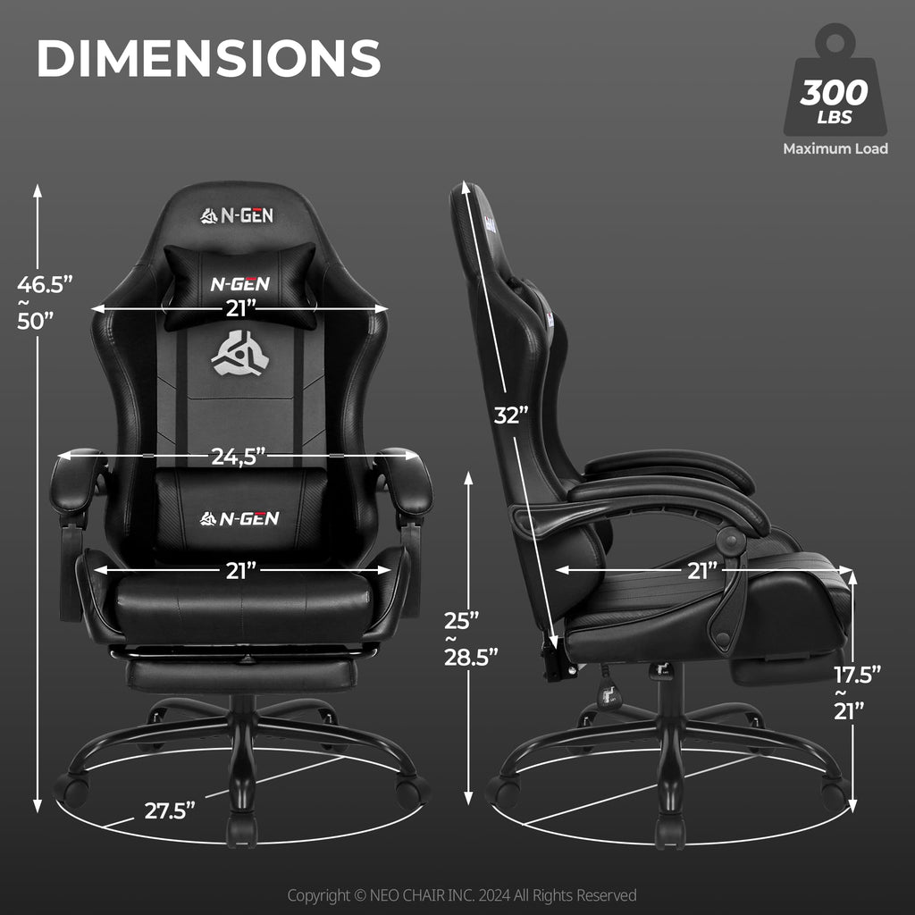 N-GEN GAMING Gaming Chair with Footrest, Lumbar, High-Back, All Black
