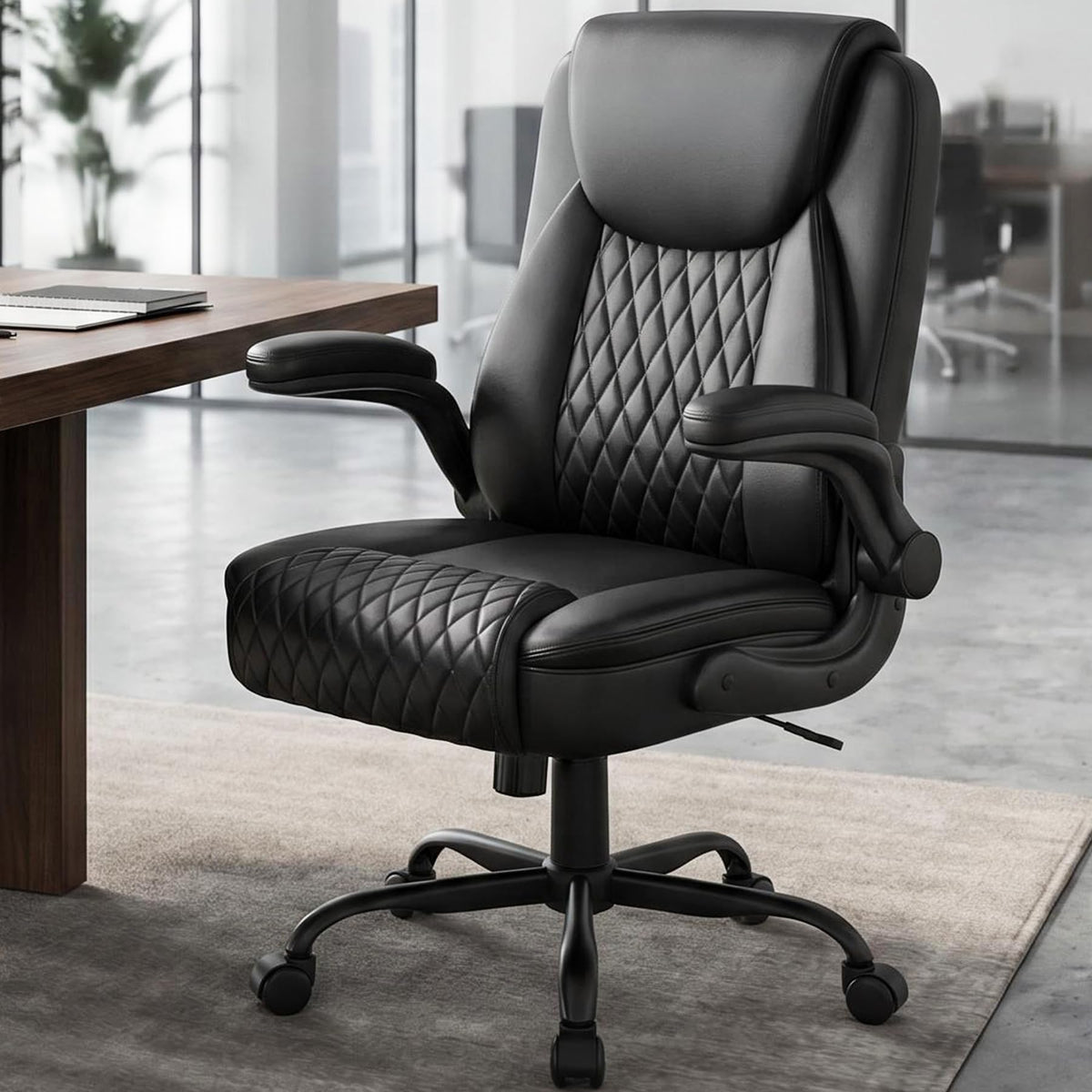 GTPOFFICE Executive Office Chair with Comfortable Lumbar Support, Ergonomic Gaming Chair with Flip-up Armrests & Zoned Pressure-Relief Cushion, Comfy PU Leather Desk Chair, Black