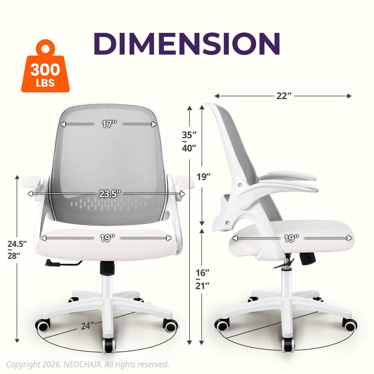 NEO CHAIR Office Desk Chair, Ergonomic Mesh with Flip-Up Armrests, Ivory