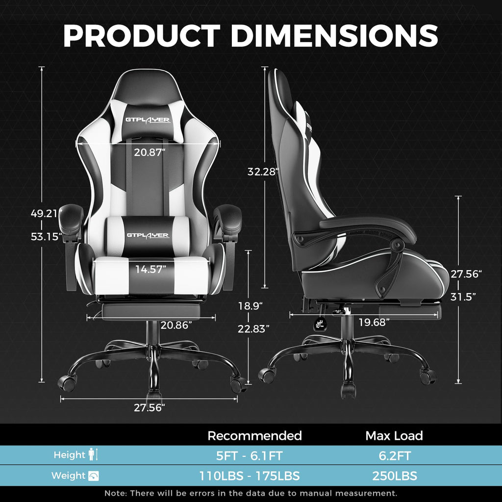 GTPLAYER Gaming Chair, Computer Chair with Footrest and Lumbar Support, Height Adjustable Game Chair with 360°-Swivel Seat and Headrest and for Office or Gaming (Pearl White)