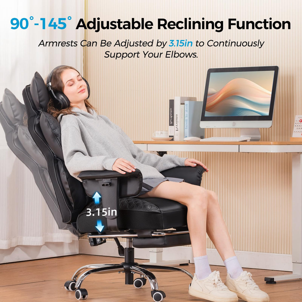 COMHOMA Big and Tall Office Chair Heavy Duty Wide Ergonomic Gaming Chair with Deluxe Embossing Designed Leather with Foot Rest, 145°Reclining Adjustable Armrests Pocket Spring Back Support and Pillow