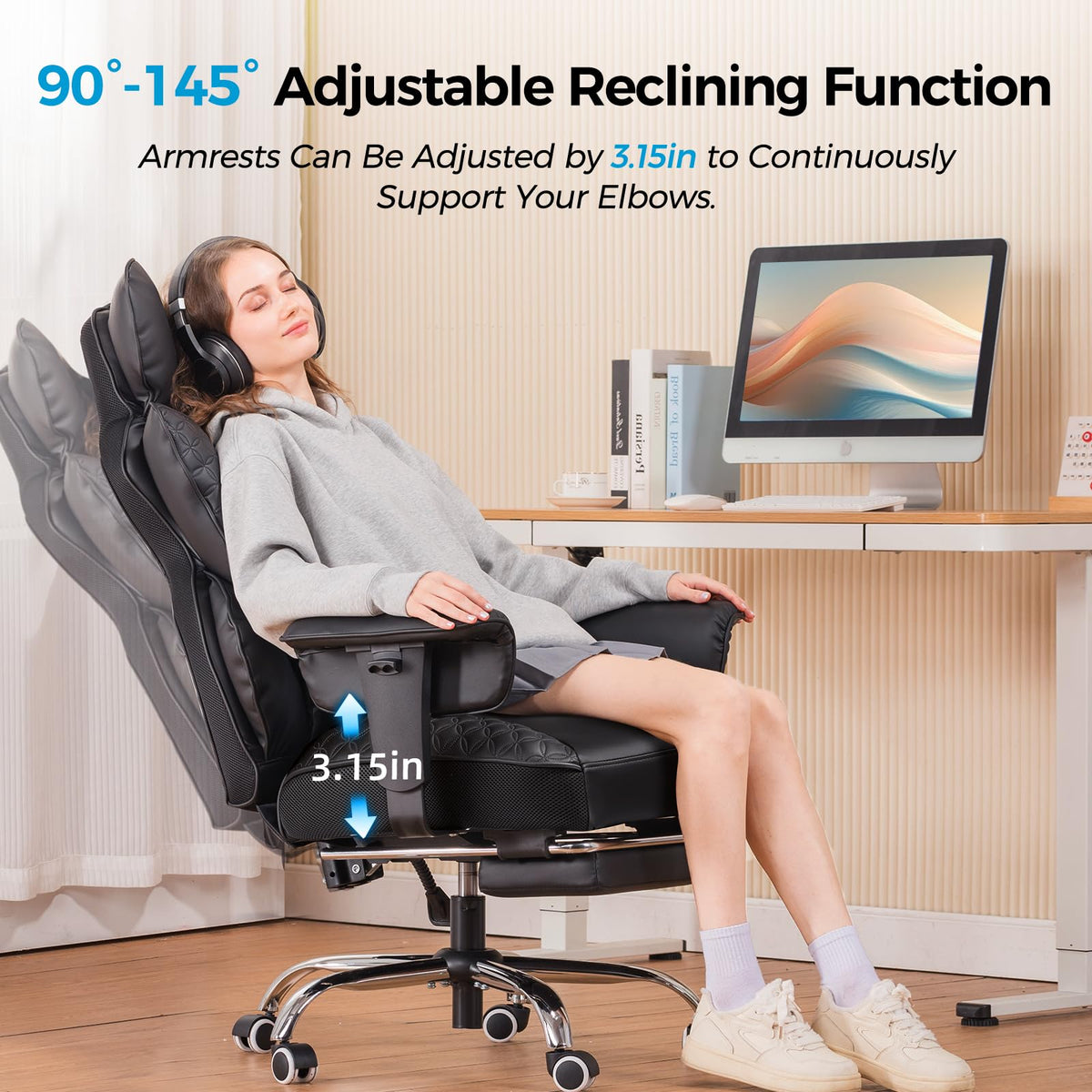 COMHOMA Big and Tall Office Chair Heavy Duty Wide Ergonomic Gaming Chair with Deluxe Embossing Designed Leather with Foot Rest, 145°Reclining Adjustable Armrests Pocket Spring Back Support and Pillow