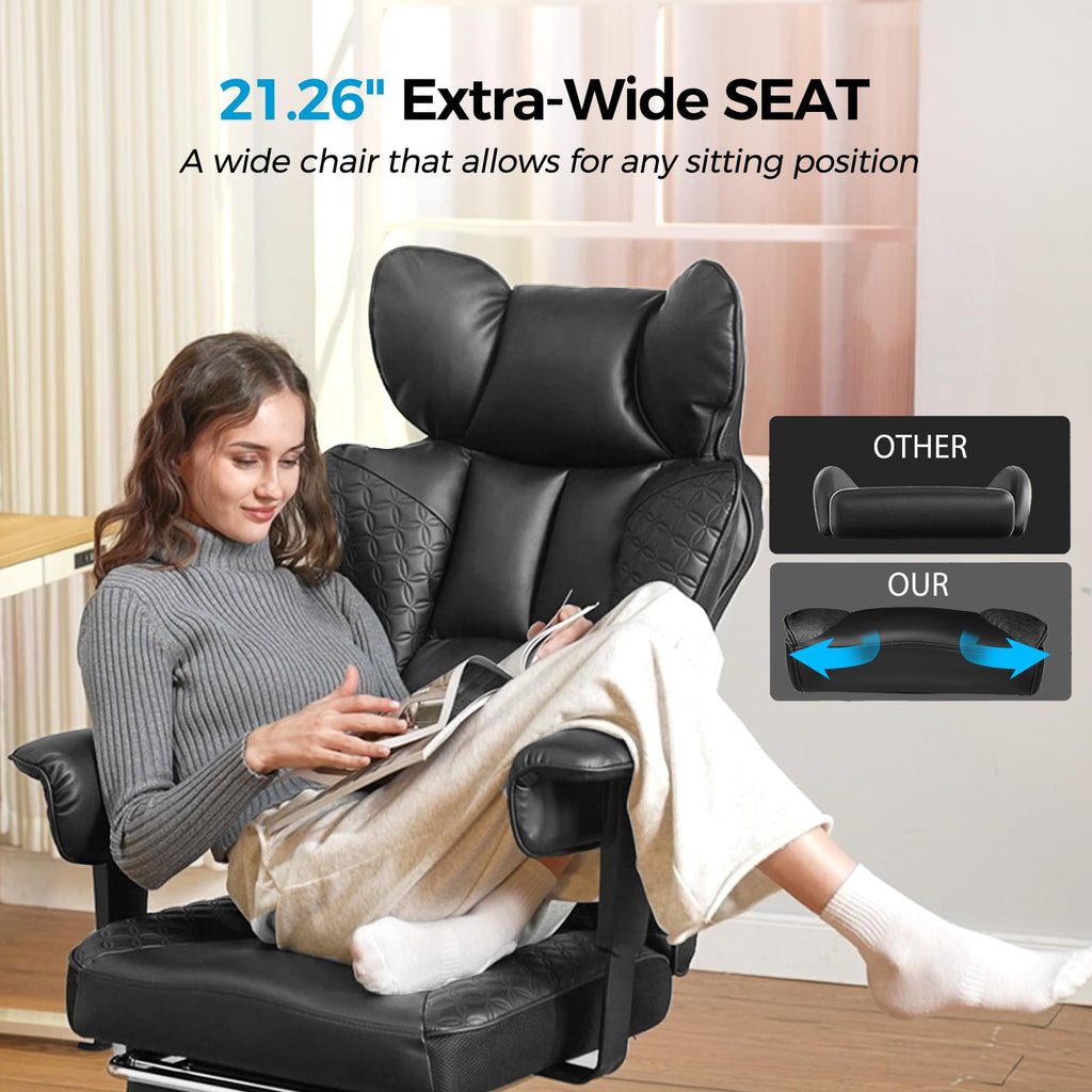 COMHOMA Big and Tall Office Chair Heavy Duty Wide Ergonomic Gaming Chair with Deluxe Embossing Designed Leather with Foot Rest, 145°Reclining Adjustable Armrests Pocket Spring Back Support and Pillow