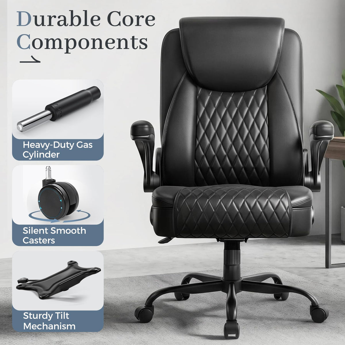 GTPOFFICE Executive Office Chair with Comfortable Lumbar Support, Ergonomic Gaming Chair with Flip-up Armrests & Zoned Pressure-Relief Cushion, Comfy PU Leather Desk Chair, Black