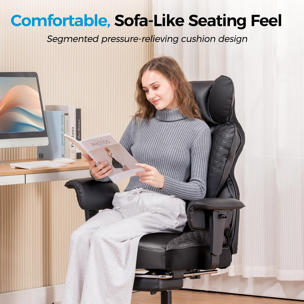 COMHOMA Big and Tall Office Chair Heavy Duty Wide Ergonomic Gaming Chair with Deluxe Embossing Designed Leather with Foot Rest, 145°Reclining Adjustable Armrests Pocket Spring Back Support and Pillow