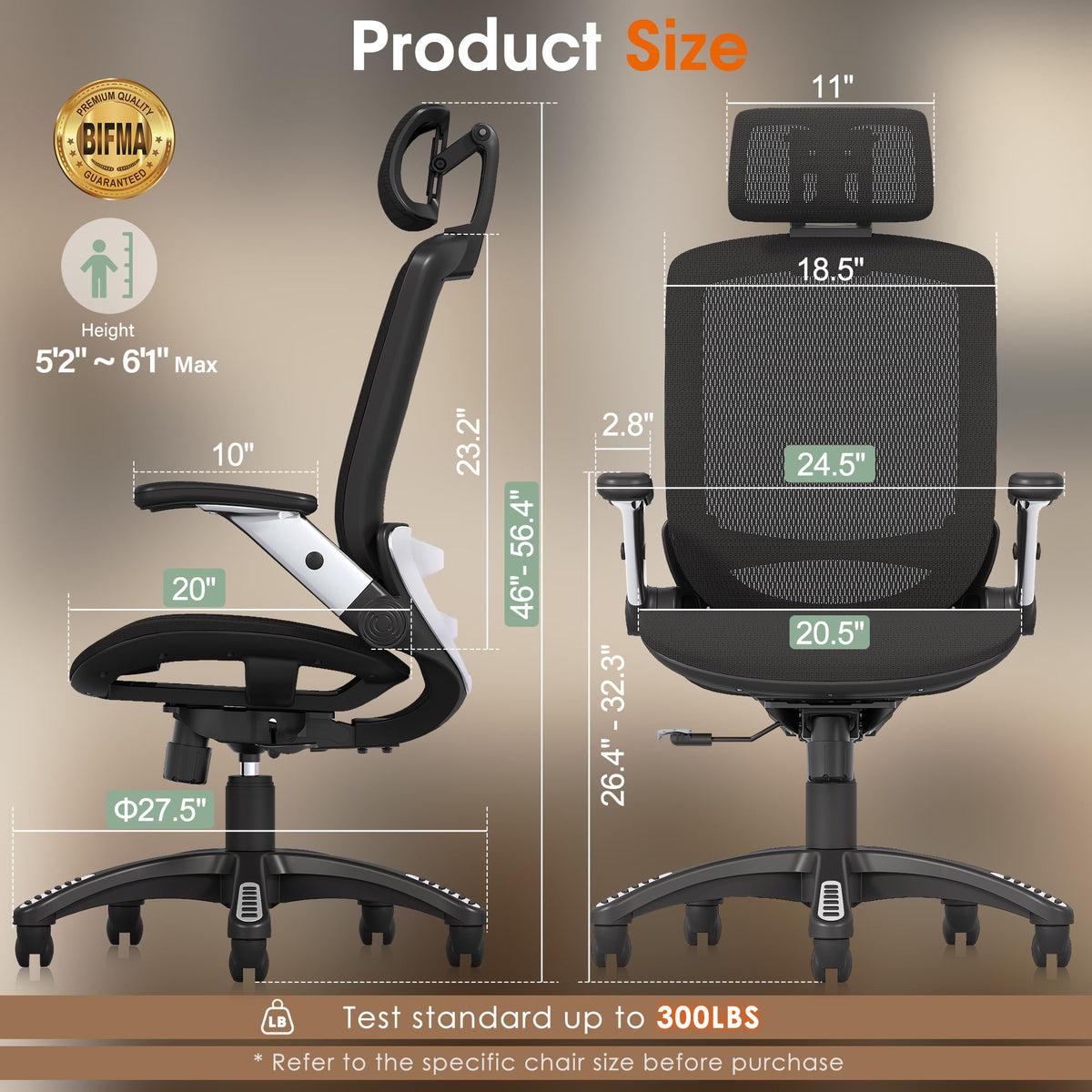 GABRYLLY Ergonomic Office Chair, High Back Home Desk Chair with Headrest, Flip-Up Arms, 90-120° Tilt Lock and Wide Cushion, Big and Tall Mesh Chairs for Man Woman, Black Task Chair