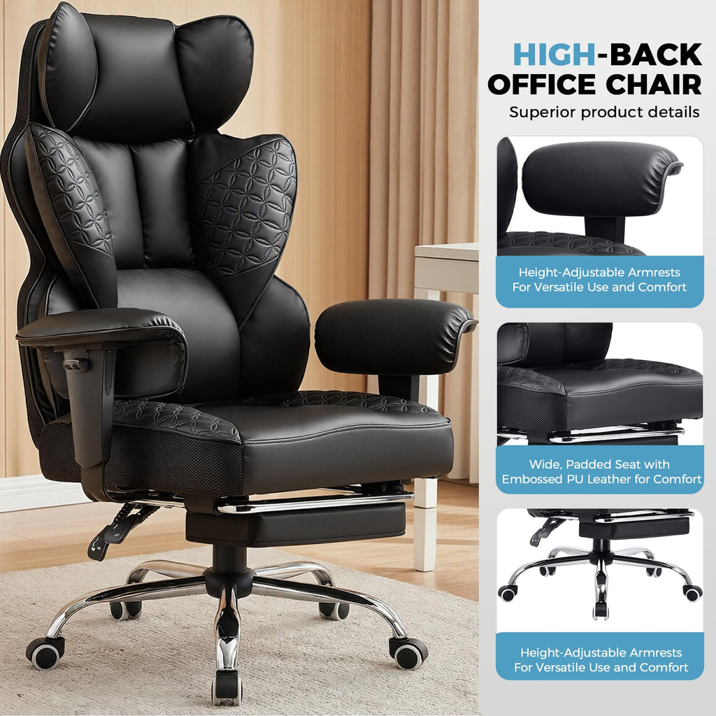 COMHOMA Big and Tall Office Chair Heavy Duty Wide Ergonomic Gaming Chair with Deluxe Embossing Designed Leather with Foot Rest, 145°Reclining Adjustable Armrests Pocket Spring Back Support and Pillow